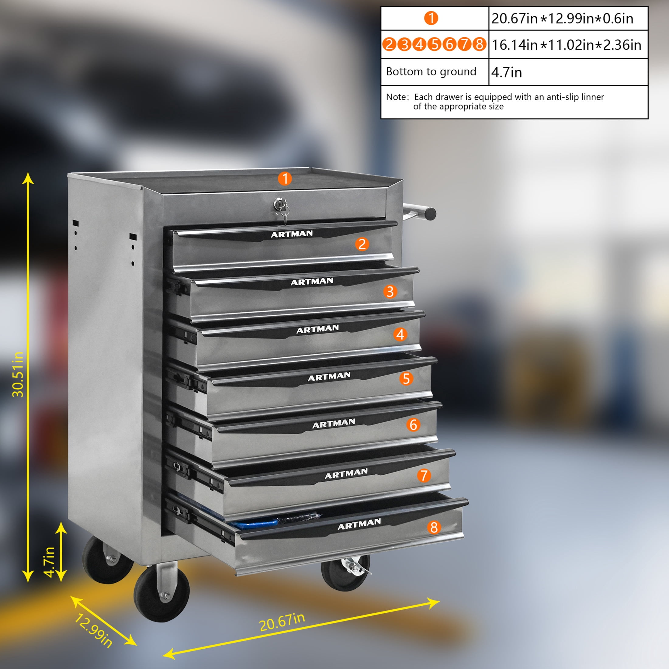Noble House 7-Drawer Mobile Steel Tool Organizer with Key Lock, Ball Bearing Slide Storage Cabinet Box, Silver