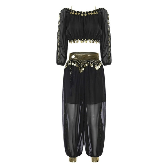 YiZYiF 2pcs Women Belly Dance Outfit Halloween Carnival Costume Sequined Crop Top with Side Split Pants Set Black One Size