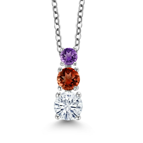 Gem Stone King White Moissanite Red Garnet Purple Amethyst 3 Stone Pendant Necklace for Women (0.97 cttw, Gemstone Birthstone, Round 5MM, 4MM and 3MM, with 18 inch Chain)