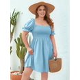 thumbnail image 3 of Plus Size Women Casual Dress Square Neck Puff Sleeve Smocked Waist Flowy Short Dress for Vacation Blue 4XL, 3 of 8