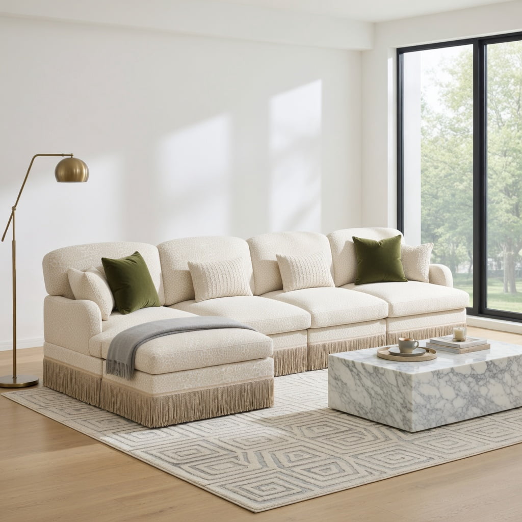 Hommoo 131" Leopard Print Chenille L-Shaped Sofa Set with Movable Ottoman, Tassel Trim & Ergonomic Deep Seat, Modern Living Room Sectional, Beige