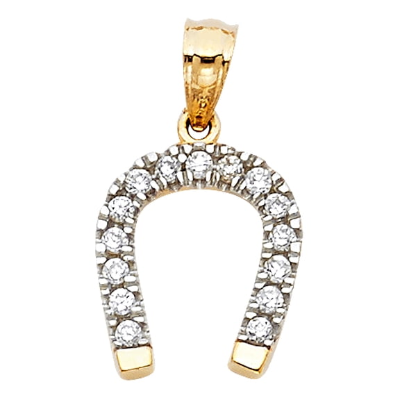 14k Yellow Gold Clear CZ Horseshoe Pendant Superstition Good Luck Lucky Charm Jewelry Female