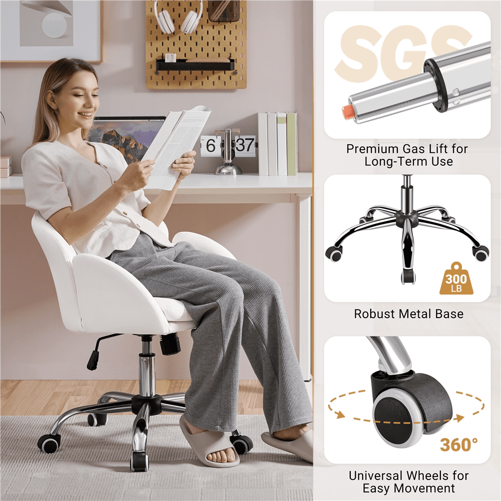 Alden Design Adult Modern Rolling Desk Chair with Armrests for Home Office, White