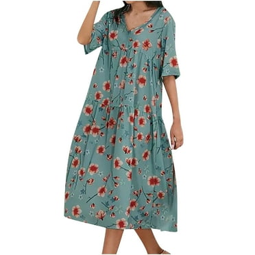 Fesfesfes Womens Dress Floral Print Round Neck Spring Dress Loose Casual Short Sleeve Women's Printed A-line Skirt Pullover V-Neck Short Sleeve Dress