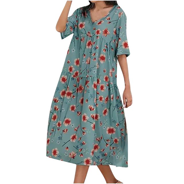 Fridja Robe Imprimée Ligne A pour Femmes, Col en V, Manches Courtes