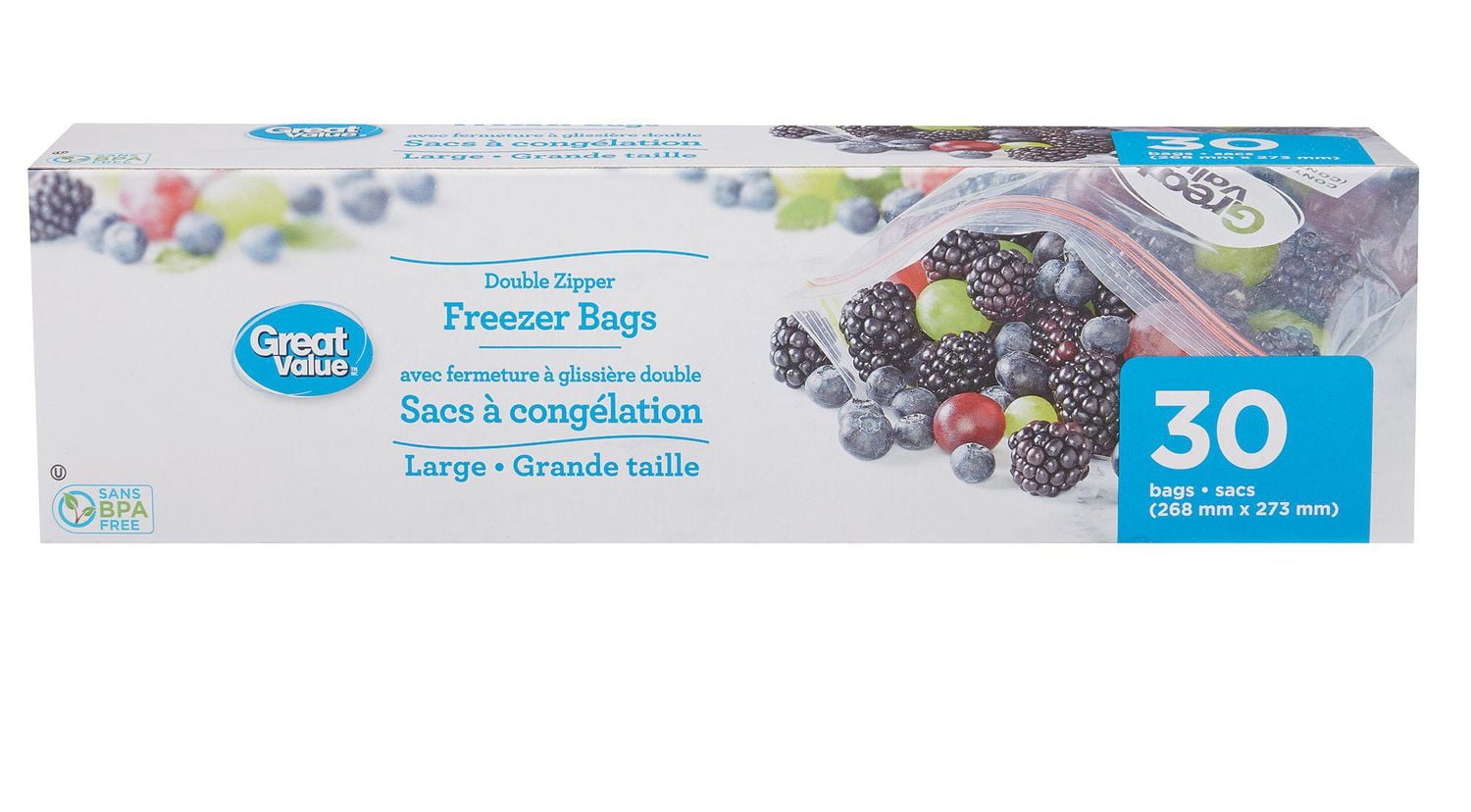 Great Value Large Freezer Bags, Double Zipper, 30 Bags