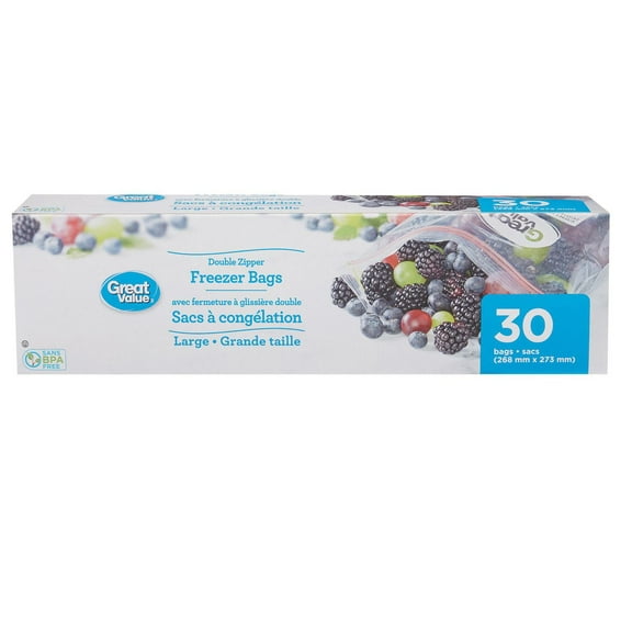 Great Value Large Freezer Bags, Double Zipper, 30 Bags