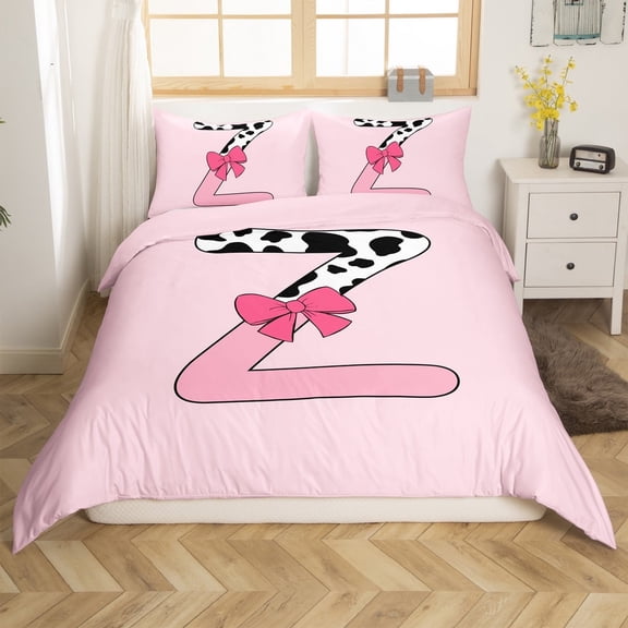 Erosebridal Letter Initial Z Comforter Cover Twin,Kawaii Bow Bedding Twin Size,Microfiber Reversible Comforter Cover Twin,Cow Print Decor,3-Piece(No Comforter)