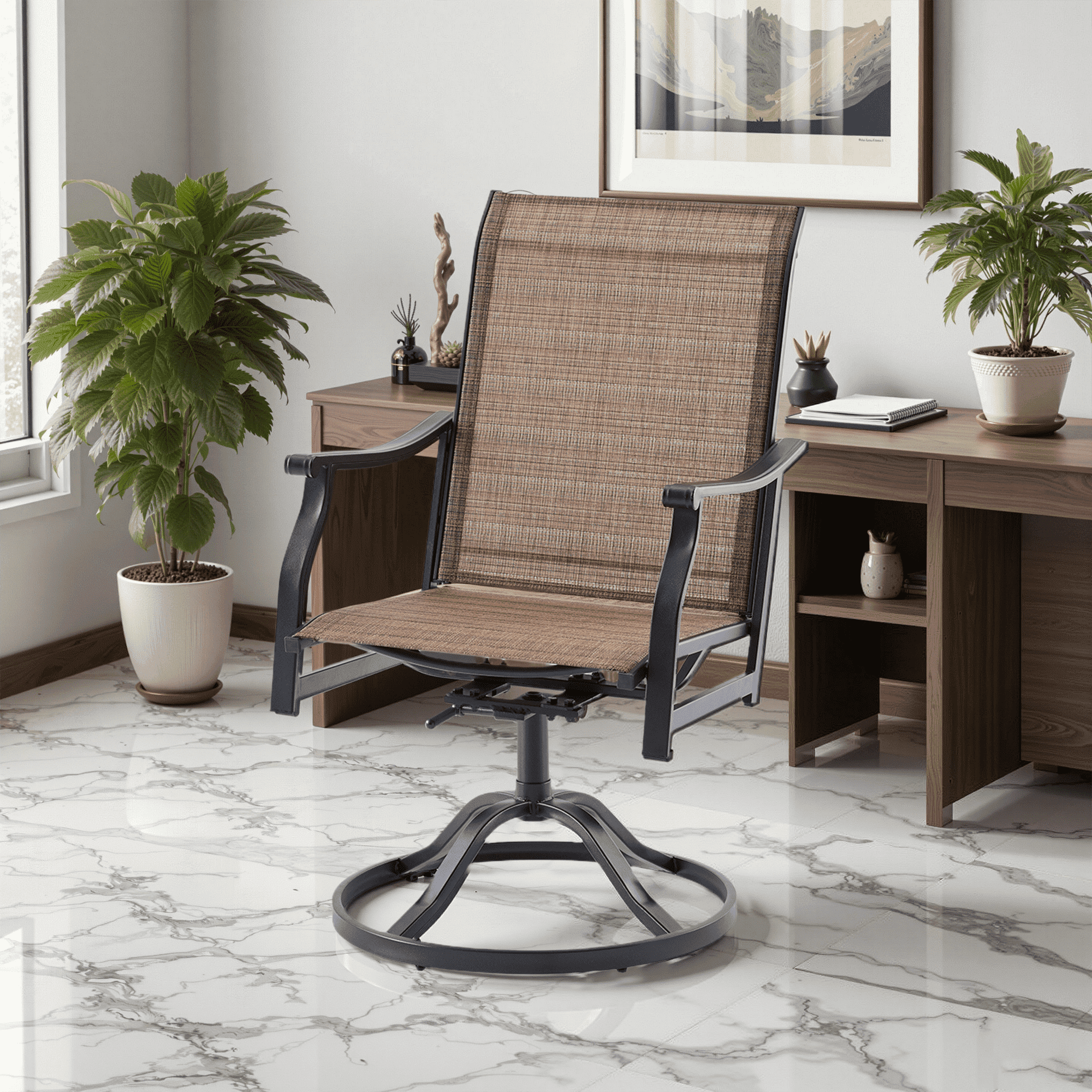 MAYEERTY 2-Piece Outdoor Swivel Dining Chairs with Textilene Fabric for Backyard & Patio, Brown