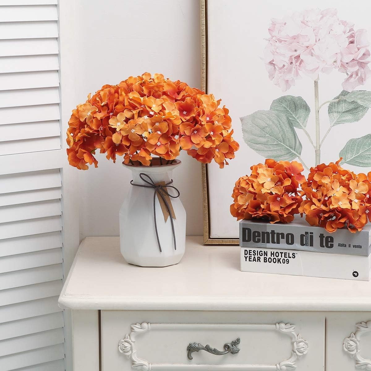 Fake Orange Hydrangea Artificial Flowers - Faux Silk Hydrangeas Flowers Heads with Stems Real Touch for Home Wedding Party Table Decor(Orange,Pack of )