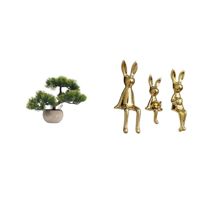 Colección De Bonsáis Artificiales Con Vegetación. Planta Artificial En Maceta Para Centros De Mesa Con Figuras De Conejitos. Adorno De Escritorio O Estantería. Escultura De Animal Para