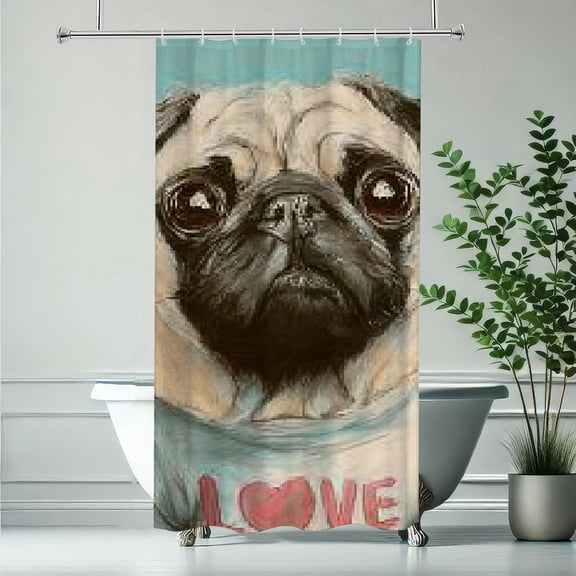 RKSupls Christmas Shower Curtain, Cute Pug Shower Curtain with Hooks for New Year Home Bathroom Decor Washable Curtains, 36x72 in