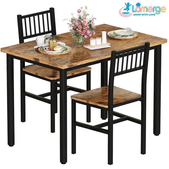 Lamerge 3 Piece Dining Table Set, Industrial Kitchen Table and 2 Chairs with Metal Frame, Dining Room Table Set, Breakfast Table Set for Small Space, Dining Room, Kitchen, Rustic Brown