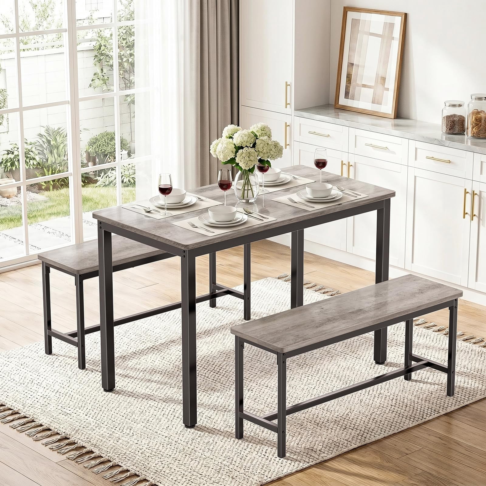 3 Piece Dining Room Table, Kitchen Dining Table Set with 2 Benchs for Apartment Breakfast Nook and Samll Space, Grey