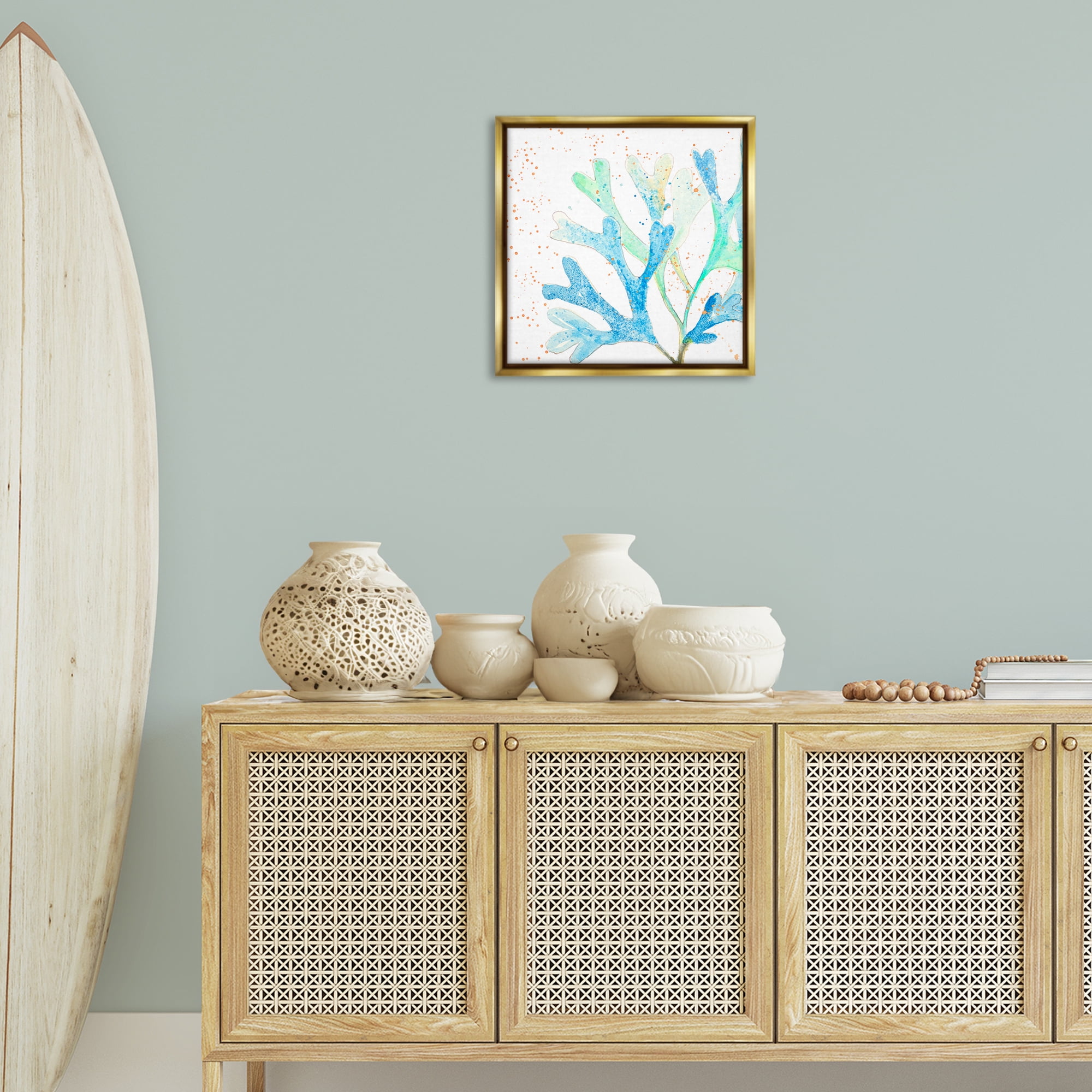 Stupell Industries Modern Blue Coral Coastal Painting Gold Floater Framed Canvas Art Print Wall Art, 18 x 18