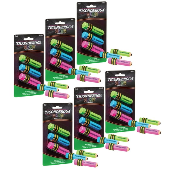 Ticonderoga Pencil Shaped Neon Erasers, 3 Per Pack, 6 Packs
