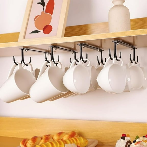 Mug Hooks Under Cabinet,3 Pieces Under Cabinet Mug Holder,Under Shelf Mug Organizer Rack with 12 Hooks,Display Hanging Storage Hook for Mugs/Coffee Cups/Kitchen Utensils, Black