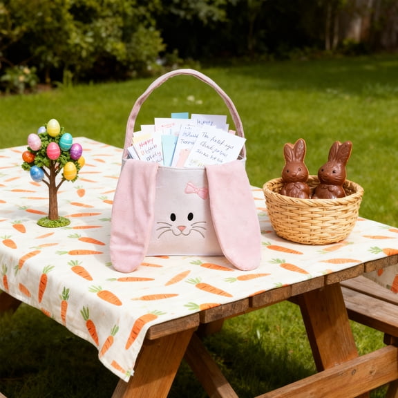 Easter Basket with Bunny Ears, Pink Fabric Easter Storage Basket, Handheld Bunny Decor & Organizer for Easter Decorations, Washable