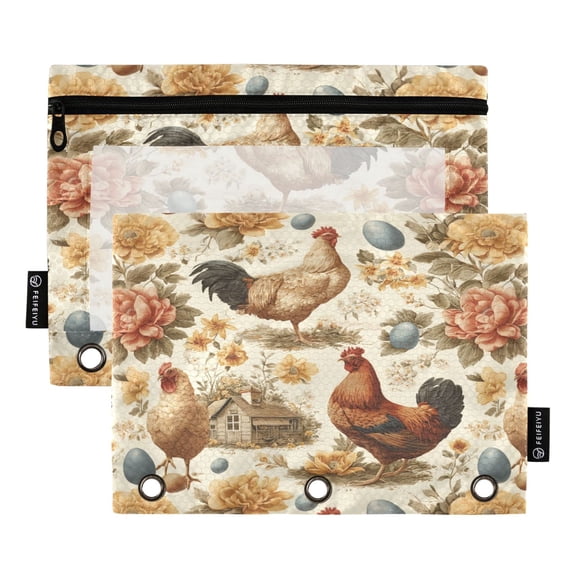 2 Pack Flip Folders with Clear PVC Window Binder Pouches 3-Ring Binder Organizer for Office & Home Vintage Flowers and Hens