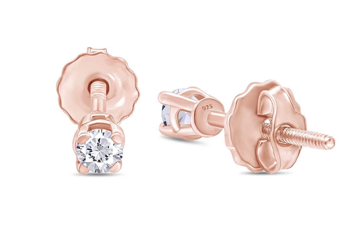 0.06 Carat (Cttw) Round Cut White Natural Diamond Accents 4-Prong Screw Back Solitaire Stud Earrings In 14k Rose Gold Over Sterling Silver Jewelry For Women
