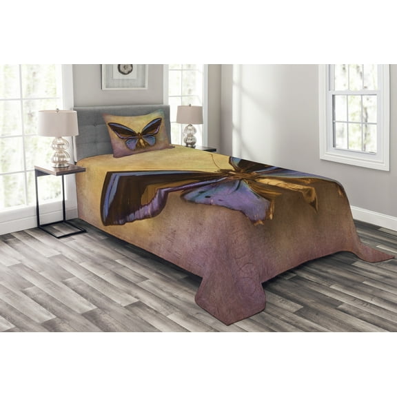 Ambesonne Butterfly Quilted Bedspread Set 2 Pcs, Monarch Butterfly, Twin Size, Multicolor