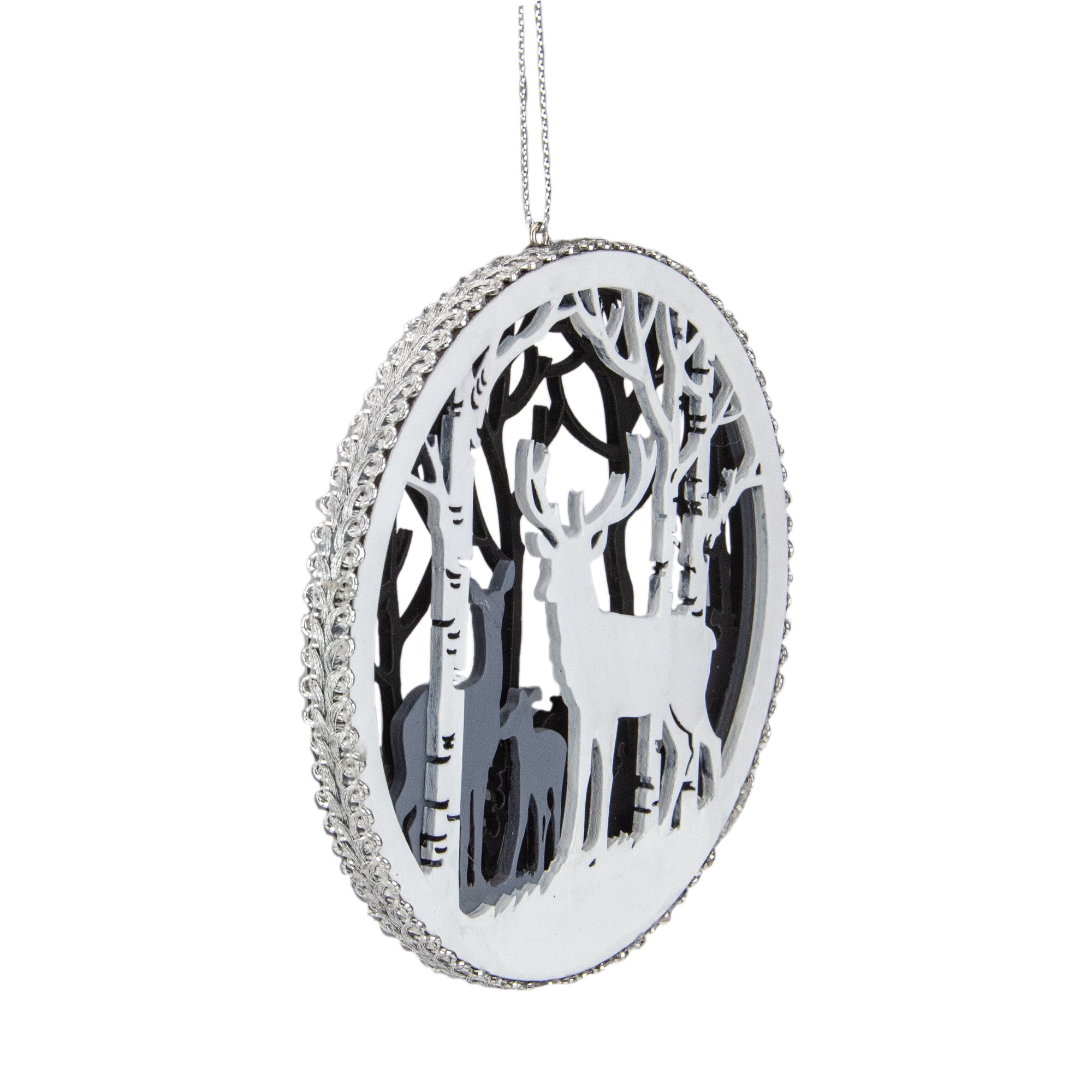 4.25" White and Gray Reindeer Family with Forest Trees Disk Christmas Ornament