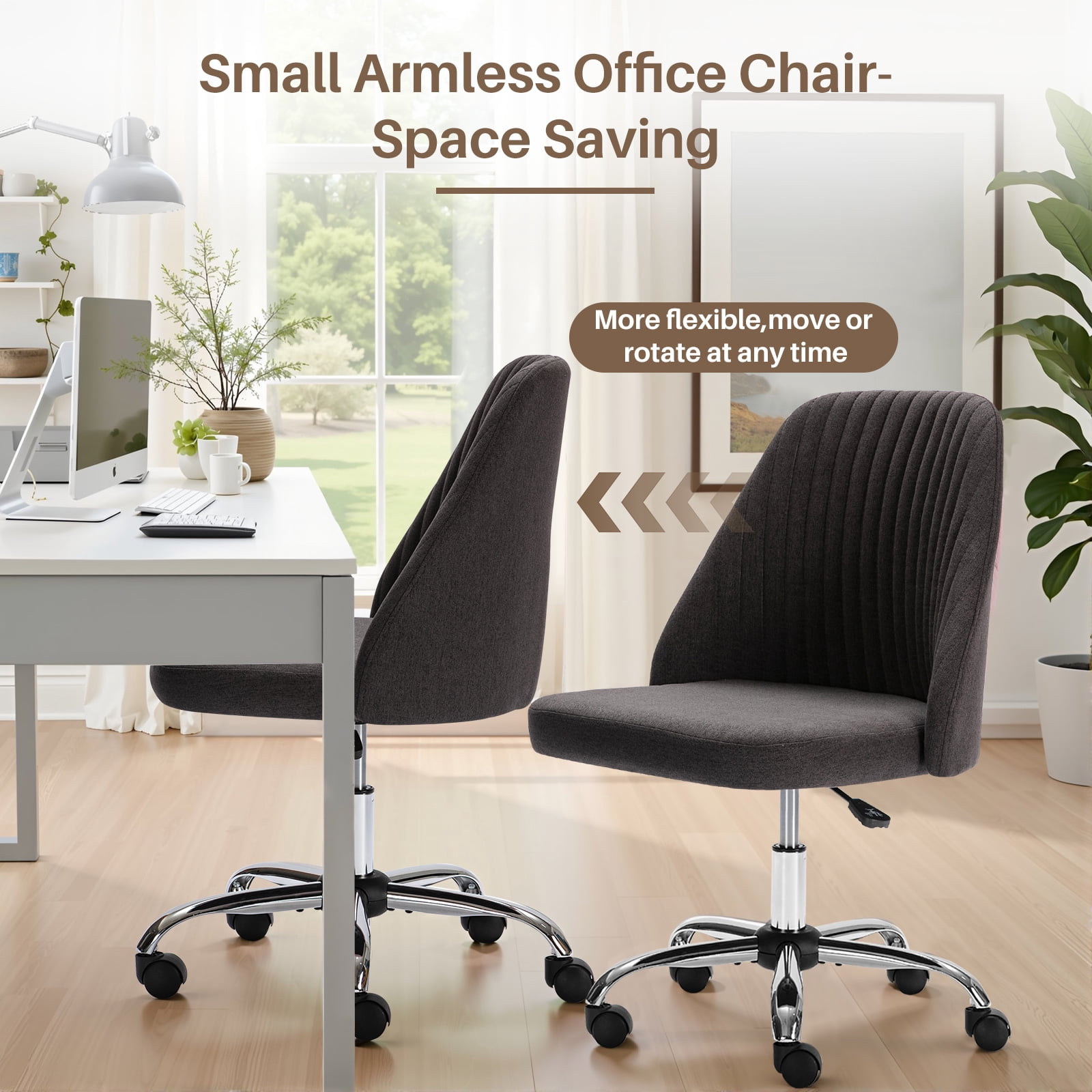 Colorful Linen Desk Chair, Comfy Thick Seat with Swivel Wheels, Armless Task Chair, Dark Gray