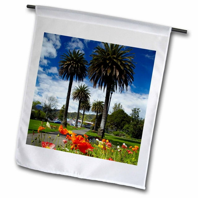 3dRose Poppies and palm trees, Anzac Park, Nelson, South Island, New Zealand. - Garden Flag, 12 by 18-inch