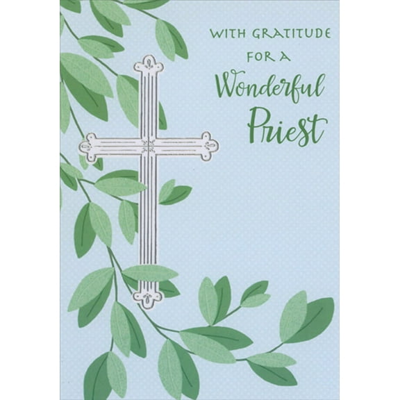 Designer Greetings Silver and White Cross : Green Branches and Leaves Clergy Appreciation Day Card for Priest