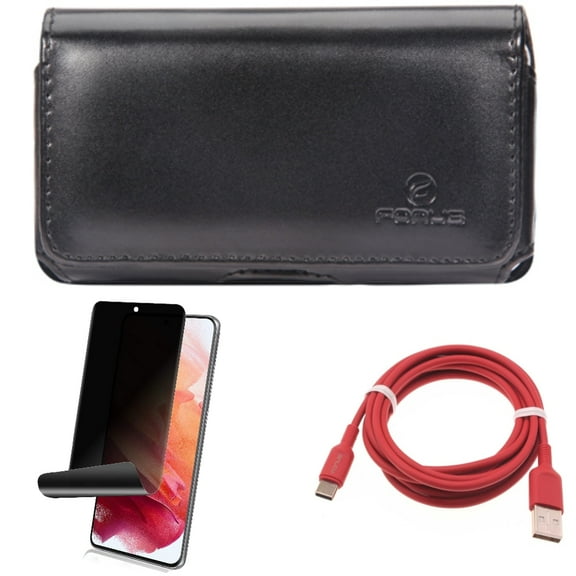6ft USB-C Cable & Case Belt Clip & Privacy Screen Protector for Samsung Galaxy S22 (6.1") - Red Charger Cord & Leather Swivel & TPU Film Fingerprint Works Accessory Bundle
