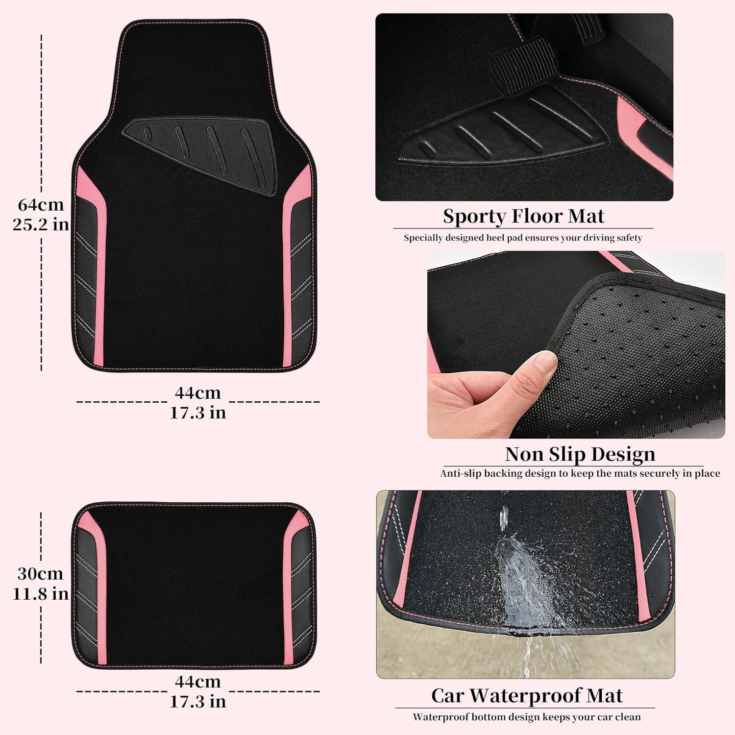 CAR GRAND Microfiber Steering Wheel Cover and Waterproof Car Floor Mats,Leather Universal Car Combo Fit for 95% Truck,SUV,Cars,14.5-15inch Sporty Anti-Slip Safety Comfortable Design(Black and Pink)