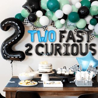 Two Fast Birthday Decor Kit - Race Car Theme Party Set For 2nd Birthday With Backdrop, Balloons, Crown & More