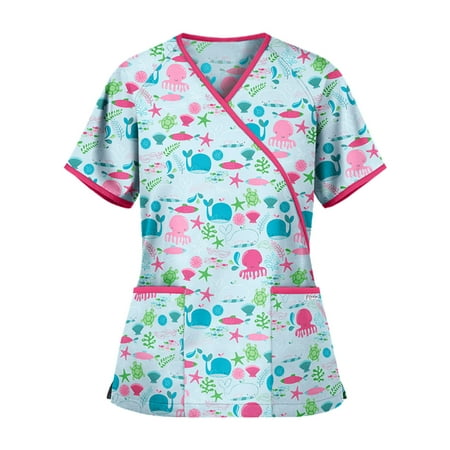 

Women Short Sleeve V-Neck Scrub Top Nurse Working Uniforms T-shirt