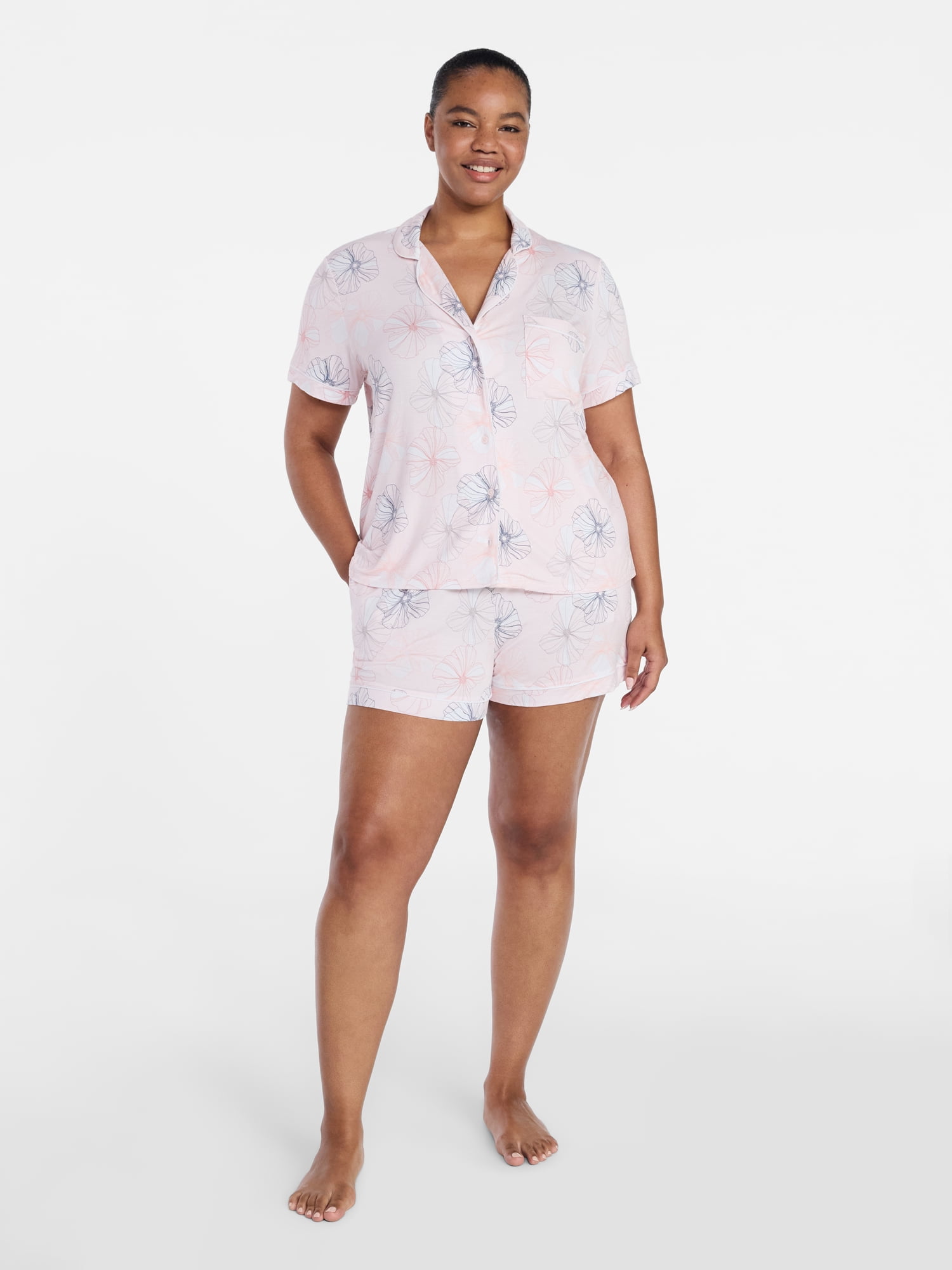 Joyspun Women’s Sleep Modal Short Sleeve Notch Top and Shorts Pajama Set, Size XS-XL, 2X-3X