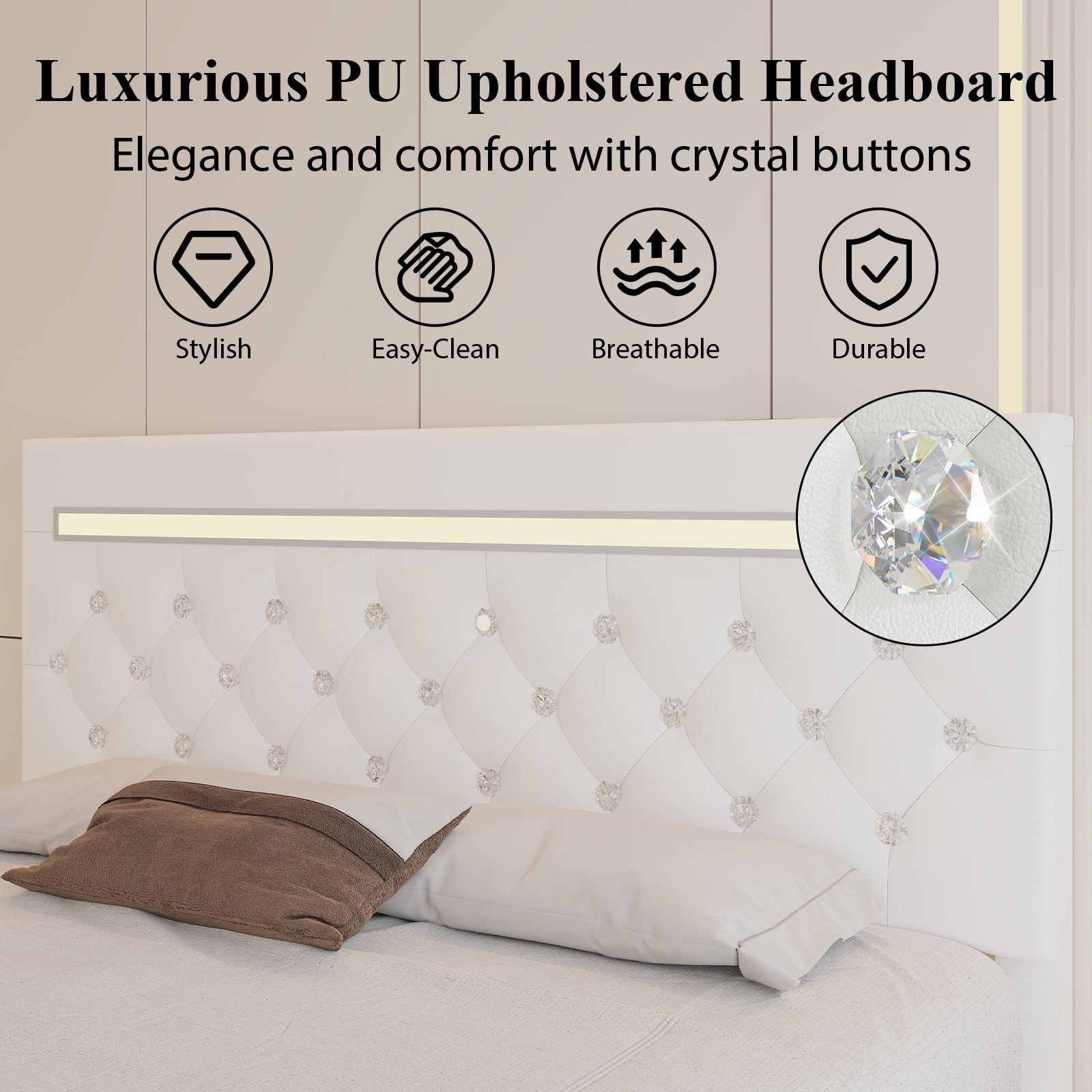 Full Size Faux Leather LED Bed Frame with Adjustable Headboard Upholstered Platform Bed with Charging Station Diamond Button Tufted Style, White