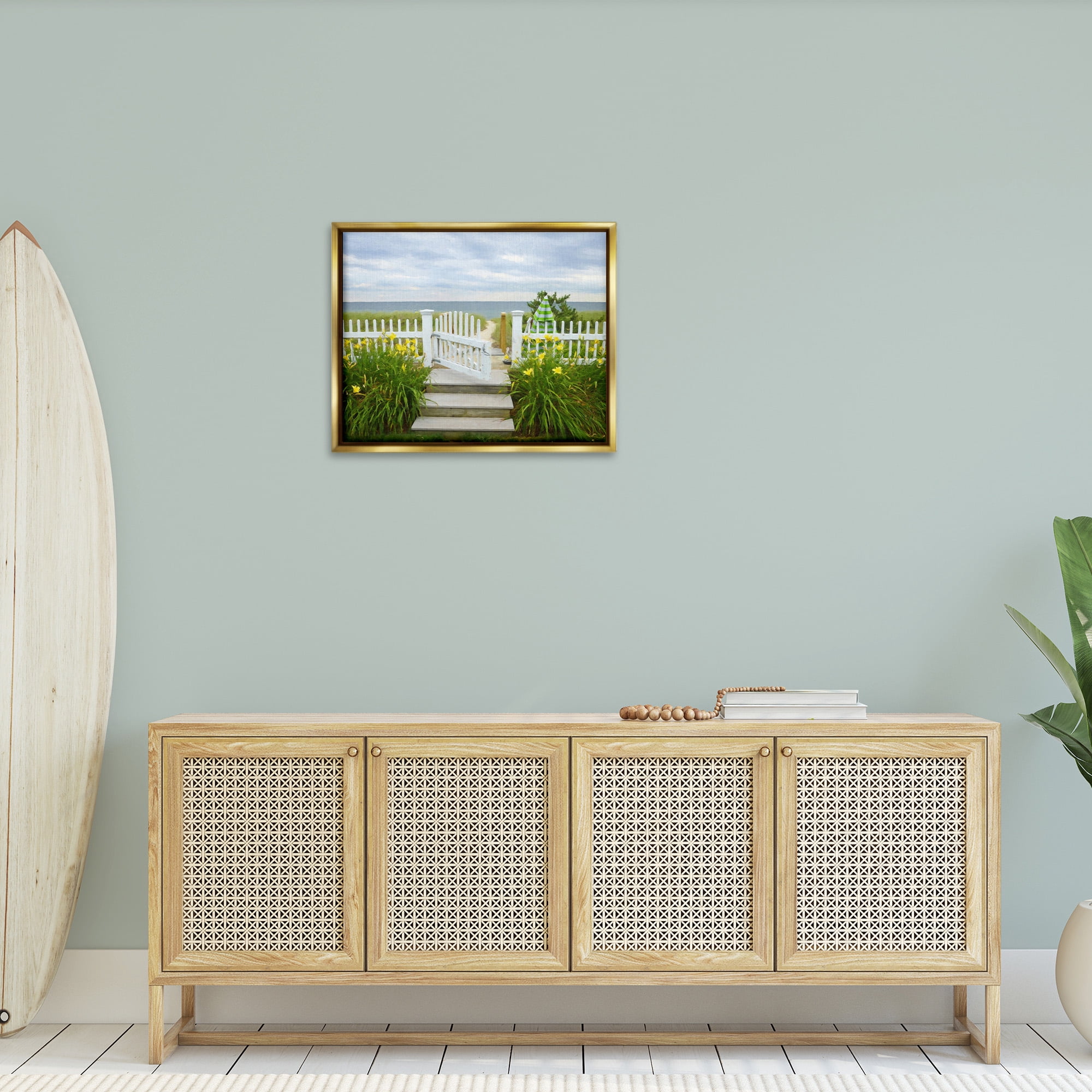 Stupell Industries Garden Path to Beach Landscape Photography Gold Floater Framed Canvas Art Print Wall Art, 31 x 25