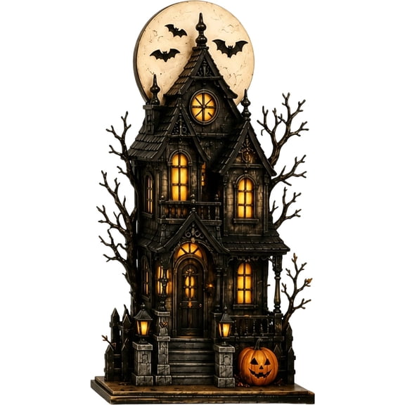 Halloween Wooden Tabletop Decor, Tall Haunted Mansion with A Jack-O-Lantern Roof Accent, Freestanding Indoor Decoration for Focused Home or Outdoor Placement, Haunted House, YMMB