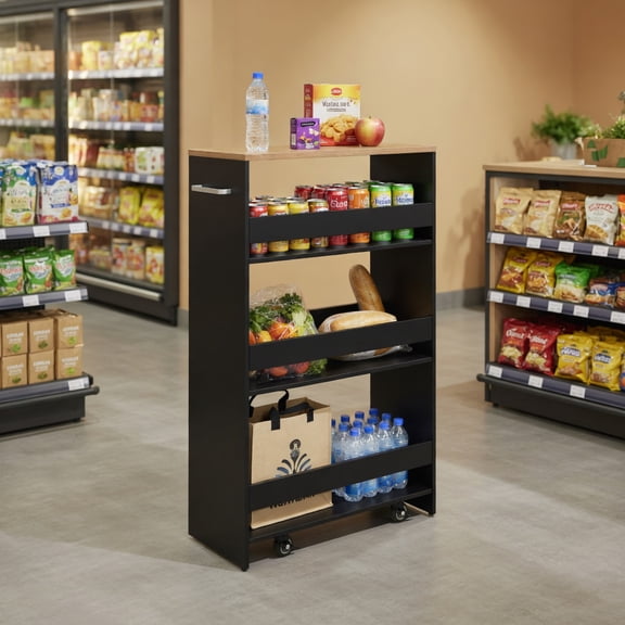 GVN Mobile Shelving Unit Organizer Utility Cart,4-Tier Rolling Storage Cart Slim Kitchen Cart on Wheels with Open Shelves and Handle-Black