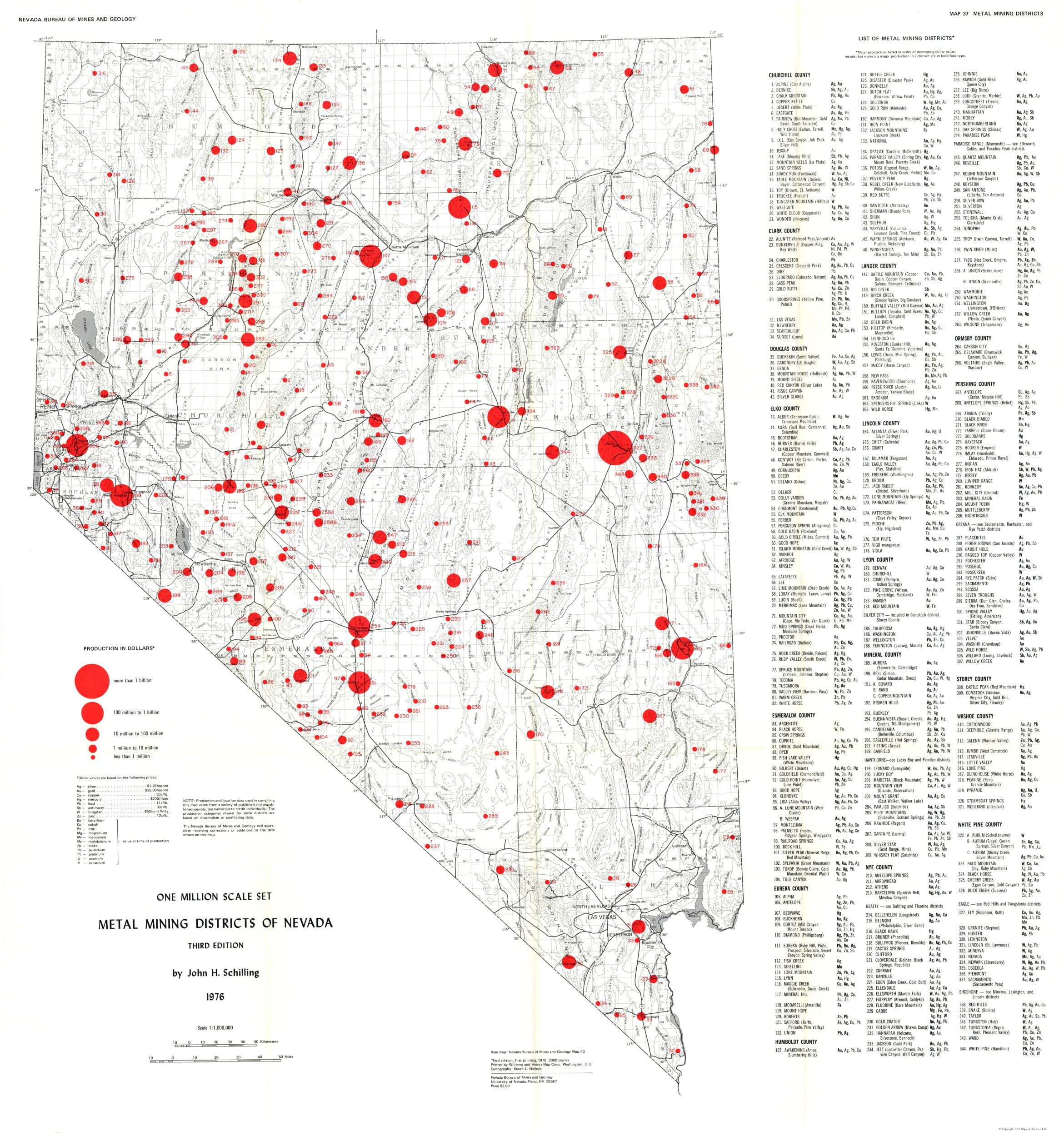 Mine Map Nevada Metal Mining Districts Schilling 1976 23.00 x 24.