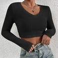 thumbnail image 4 of Womens Cropped Knitted Tops V Neck Long Sleeve Hollow Out Sweater Tops Solid Color Fitted Henley Shirts Blouse, 4 of 7