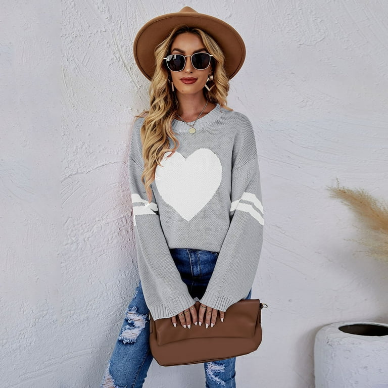 JDEFEG Clothes for Women Women Loose Round Neck Pullover Heart Long Sleeve  Knit Sweater Little Year Sweaters for Women Synthetic Fiber Grey Xl