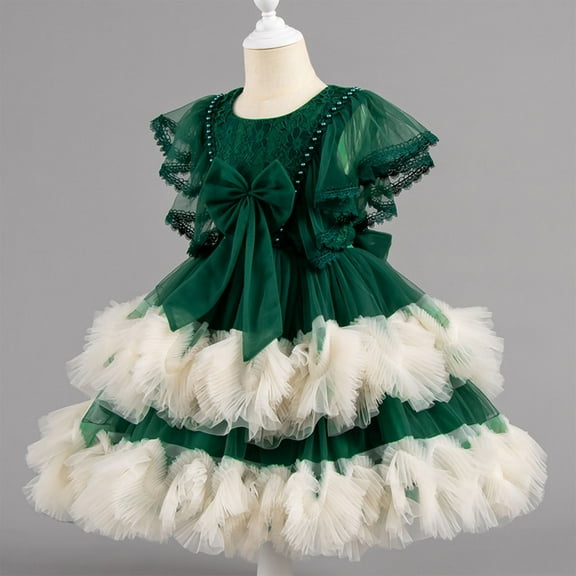 NAISIBABY Girls Floral Dress, Embroidered Mesh Elegant Ruffles Lace Sleeve Wedding Pageant Party Princess Dress Green 12T