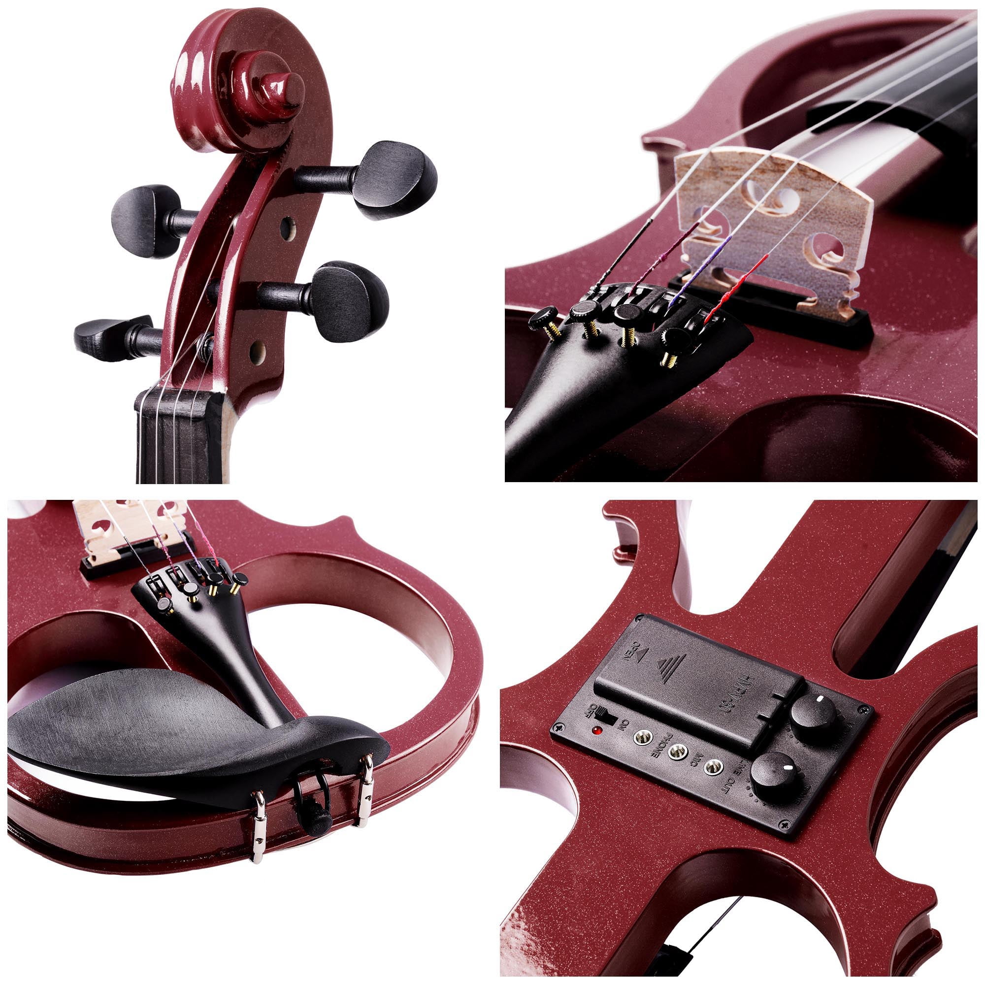 4/4 Electric Violin Full Size Wood Silent Fiddle Stringed Instrument Bow Headphone Case Jujube Red