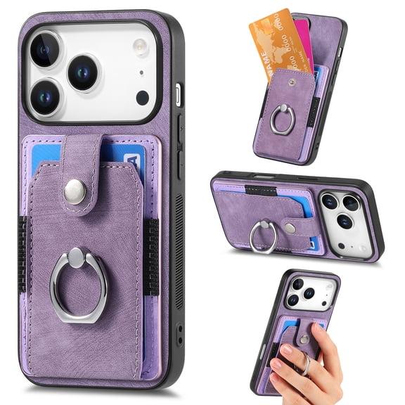 Compatible with iPhone Air Case Wallet with Card Holder, 360°Rotation Finger Ring Holder Kickstand Protective Premium PU Leather Back Flip Magnetic Clasp Shockproof Cover,Purple