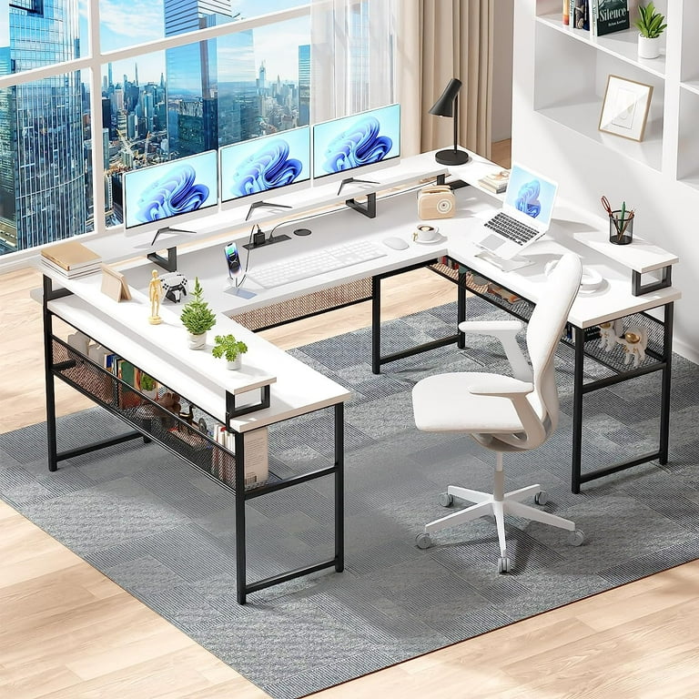 Unikito L Shaped Desk with LED Light and Power Outlet, Reversible