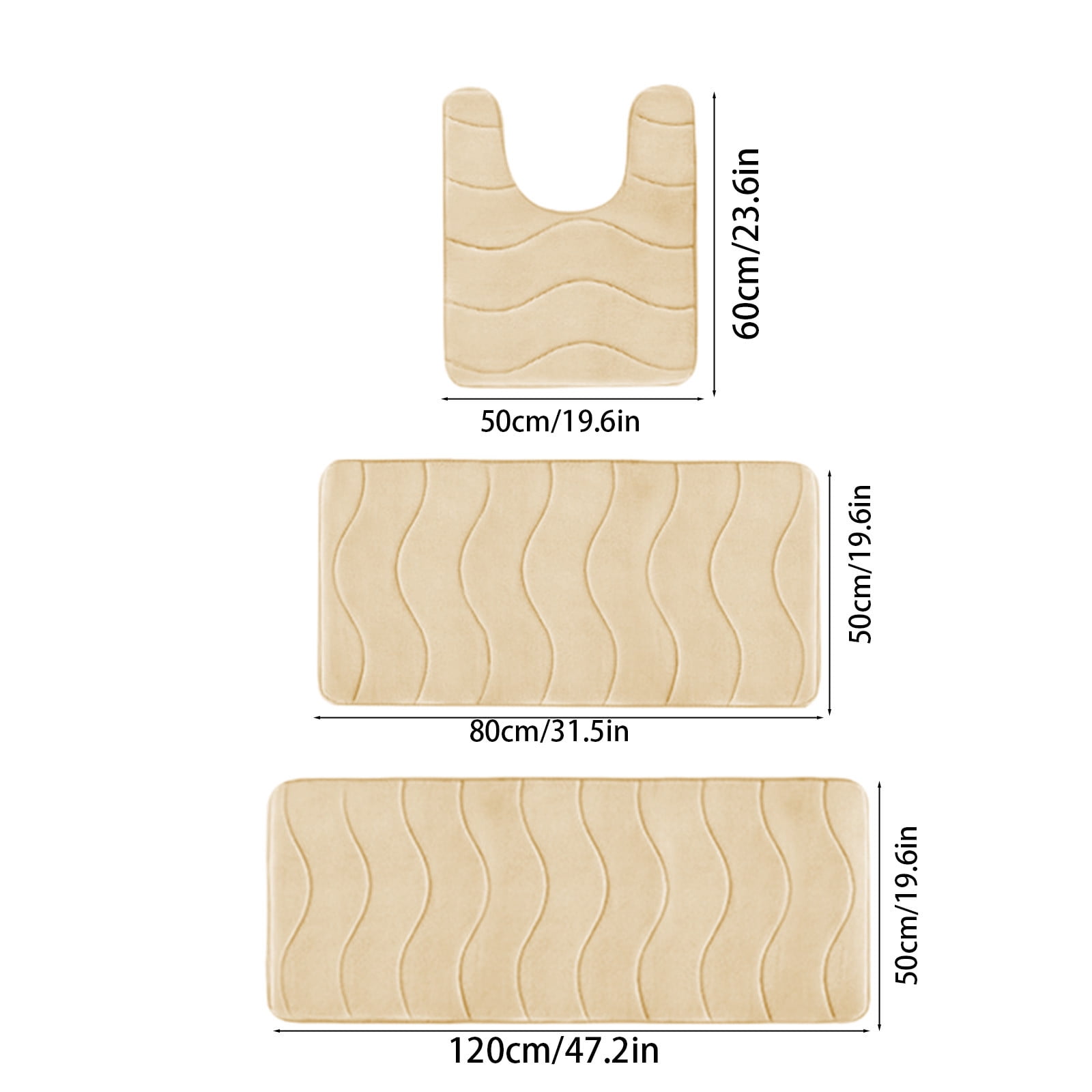 Beautynvta Memory Foam Bath Mat Set, 3 Pieces Quick-Dry Absorbent Bath Mats and U-Shaped Contour Rug for Bathroom, Non-Slip and Soft Comfortable, Beige