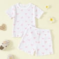 thumbnail image 2 of FINALGANG Girls Outfit Kids Bow Print Ribbed 2 Piece Set Short Sleeve Crewneck Top Elastic Waisted Stretch Shorts Outfit For Summer Casual Daily Wear, 2 of 8