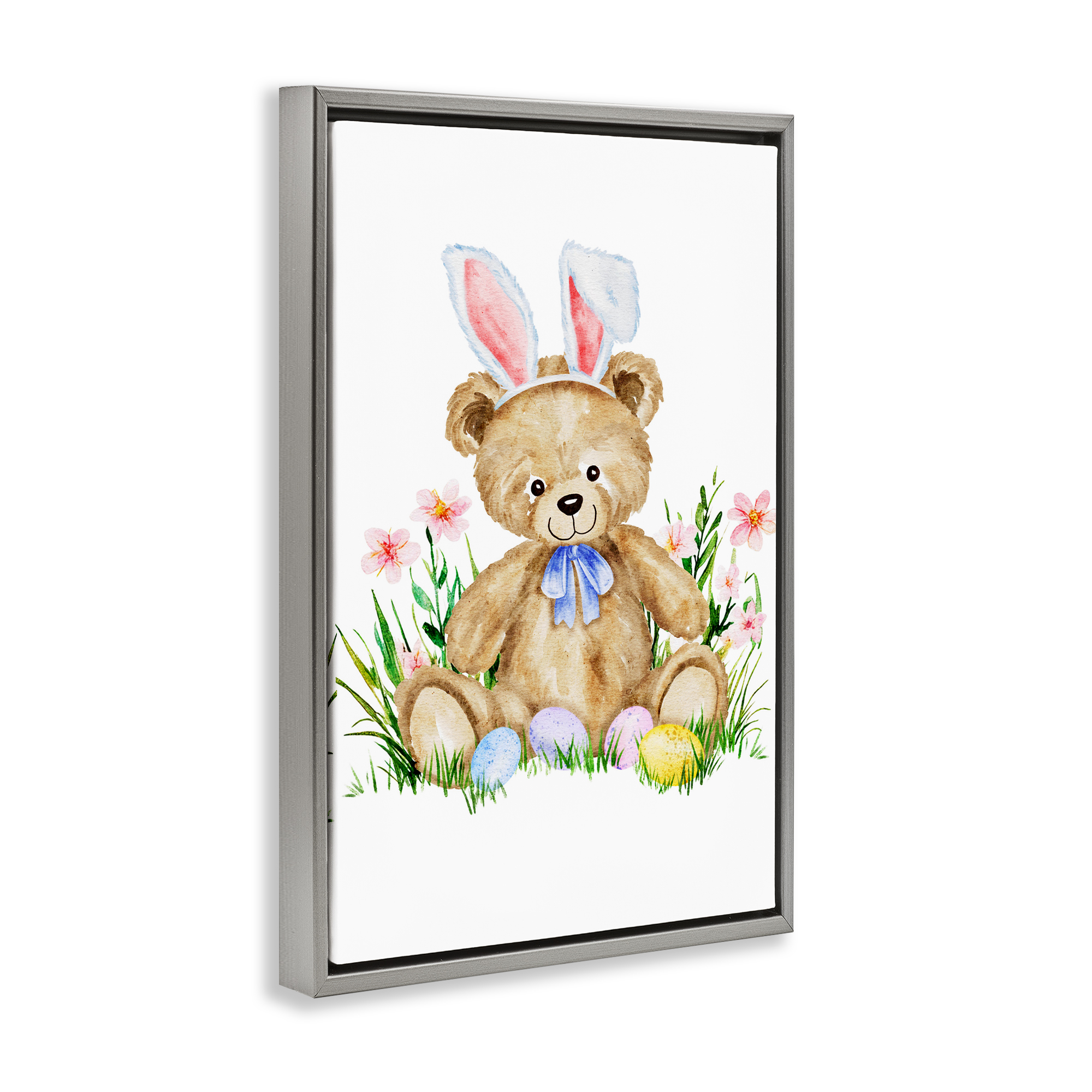 Springy Easter Teddy Bear Gray Framed Floater Canvas Wall Art, design by Amy Hall