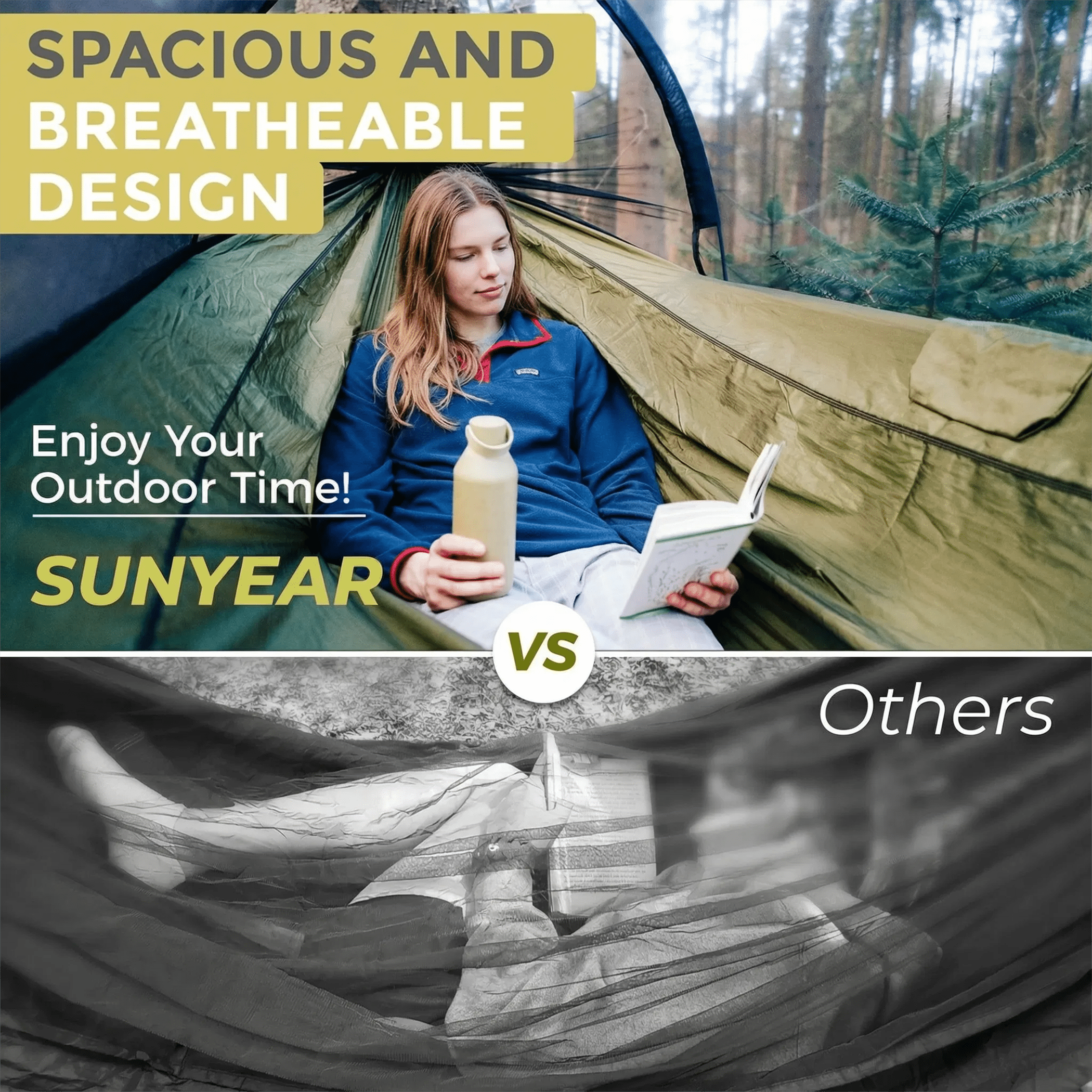 Sunyear Double & Single Camping Hammock with Tent-Like Mosquito Net & Aviation Aluminum Poles (NOT a Face-Hugging Net), Easy Setup 600lbs