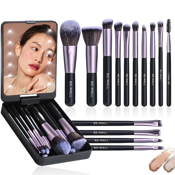 Set de Brochas de Maquillaje, 14 Piezas, con Espejo LED Recargable, Portátil, Negro (Negro)